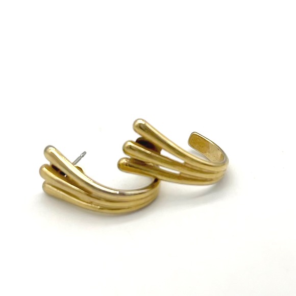Gold Tone Hoop Earrings‎ Triple Bar Modern Minimalist Jewelry - Picture 1 of 3